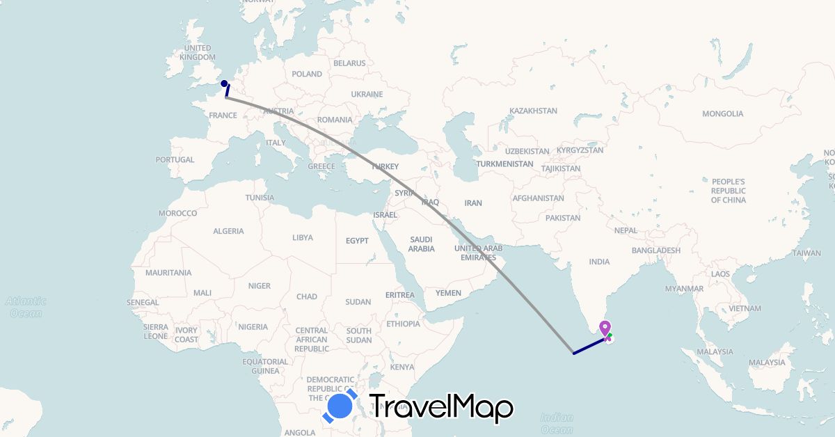 TravelMap itinerary: driving, bus, plane, train in France, Sri Lanka, Maldives, Turkey (Asia, Europe)